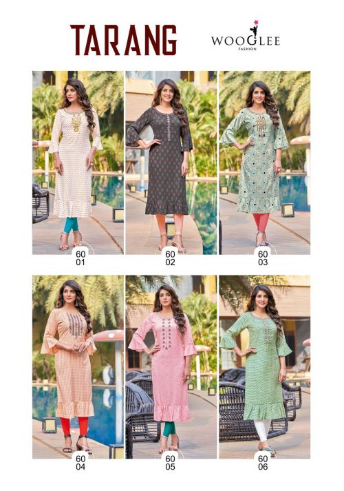 Tarang By Wooglee Rayon Printed Embroidery Kurtis Suppliers In India